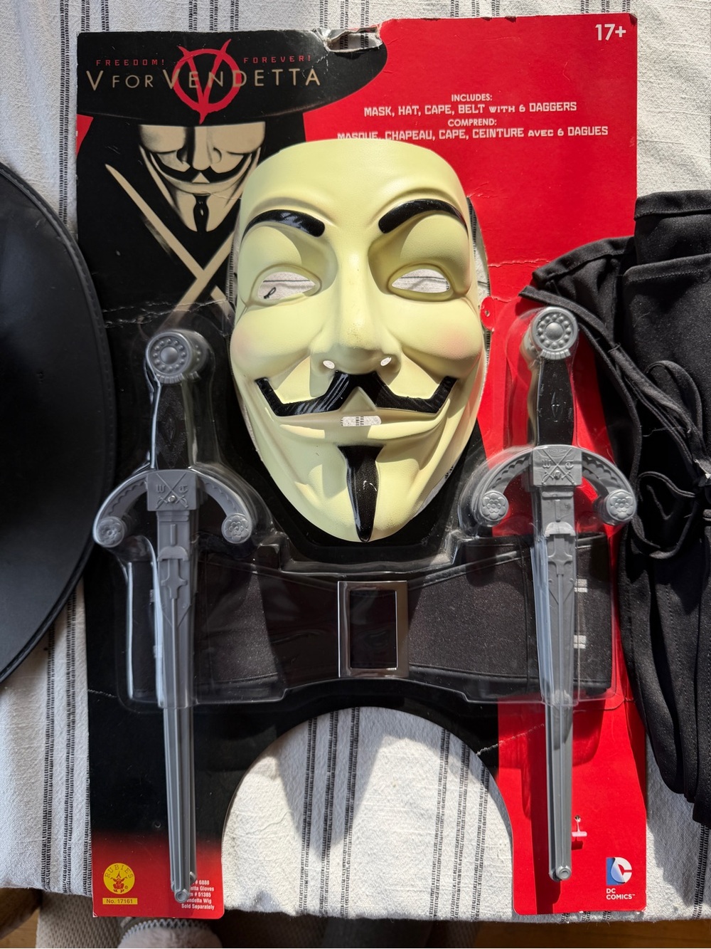 V for Vendetta Costume Set – Black & Pale Yellow Mask with Hat and Dagger Props